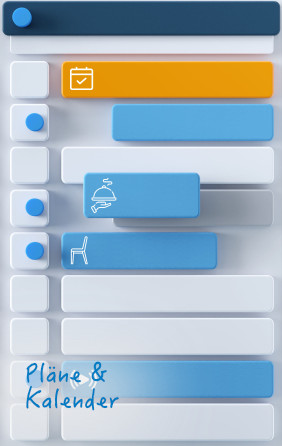 Stylisierter Kalender, mit Eintragen. Überschrift: Pläne & Kalender.